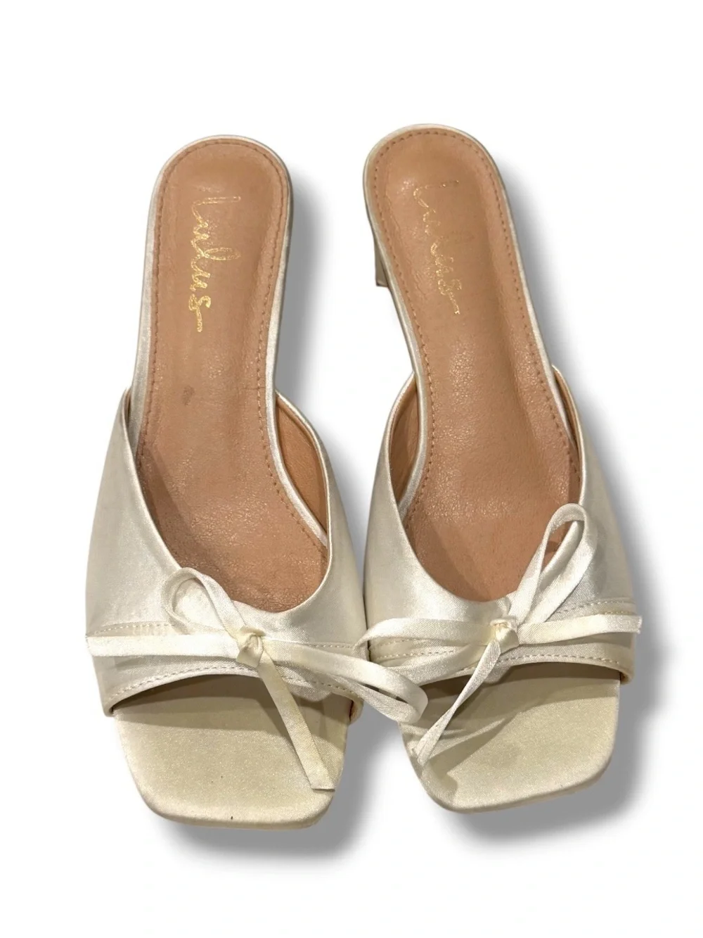 Lulu's Ivory Satin Bow Mule Heels
